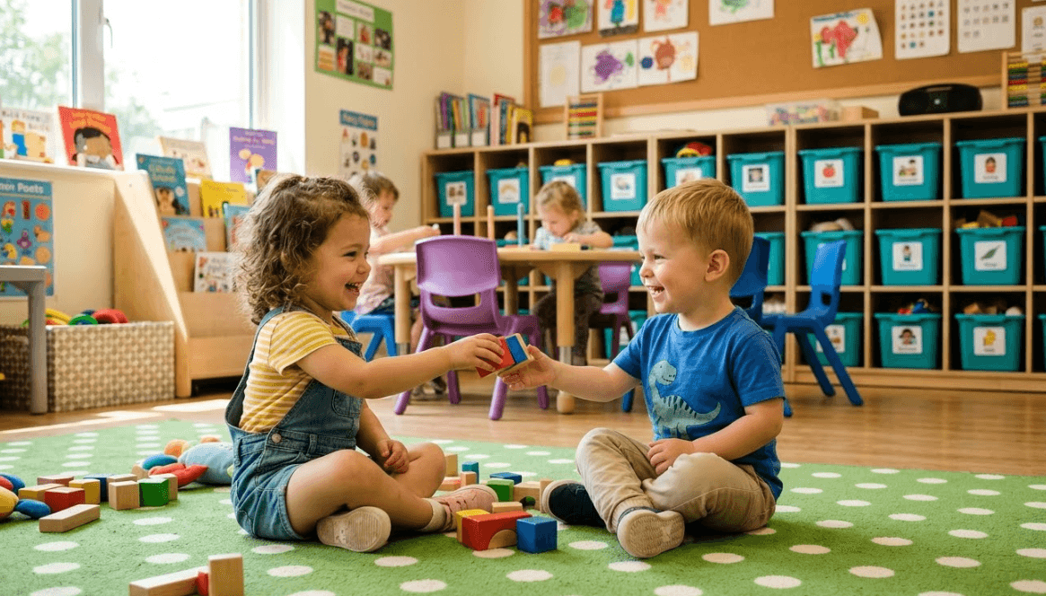 Two toddlers sharing a toy together on a classroom rug