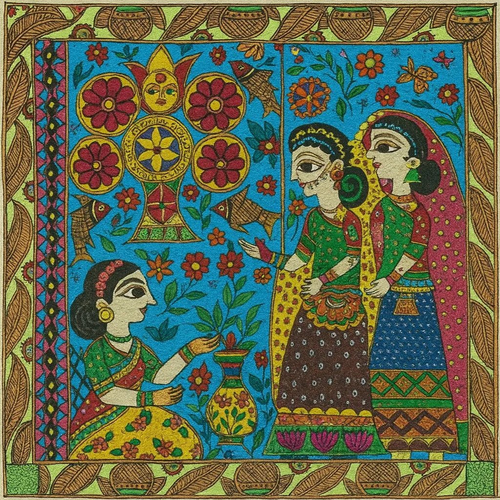 A vibrant Mithila wedding - bride and her friends - floral and folk motifs