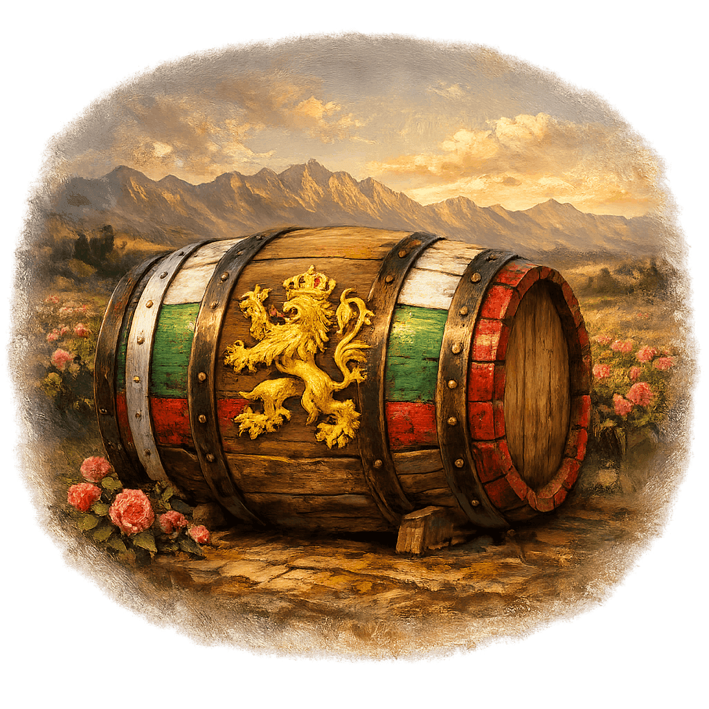 Wine barrel featuring the Bulgaria national emblem for regional wine education.