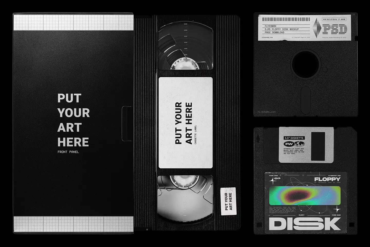VHS tape and floppy disk mockups from Flyerwrk Freebies Vault for nostalgic digital and analog concepts
