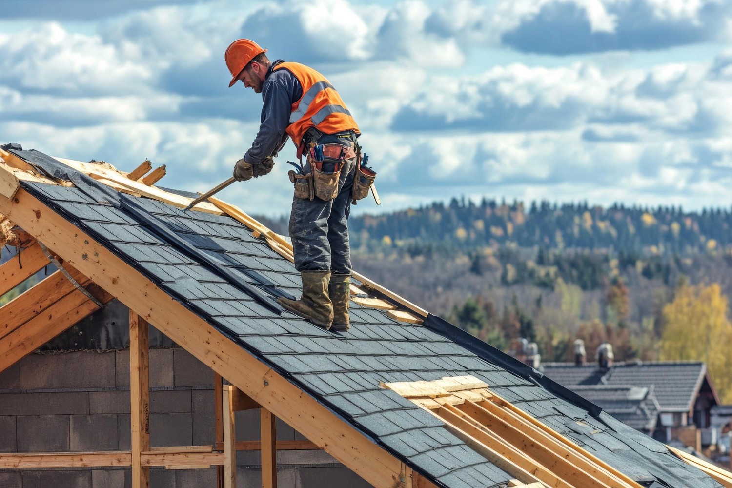 On the construction site roofers and builders are working on the buildings roof structure