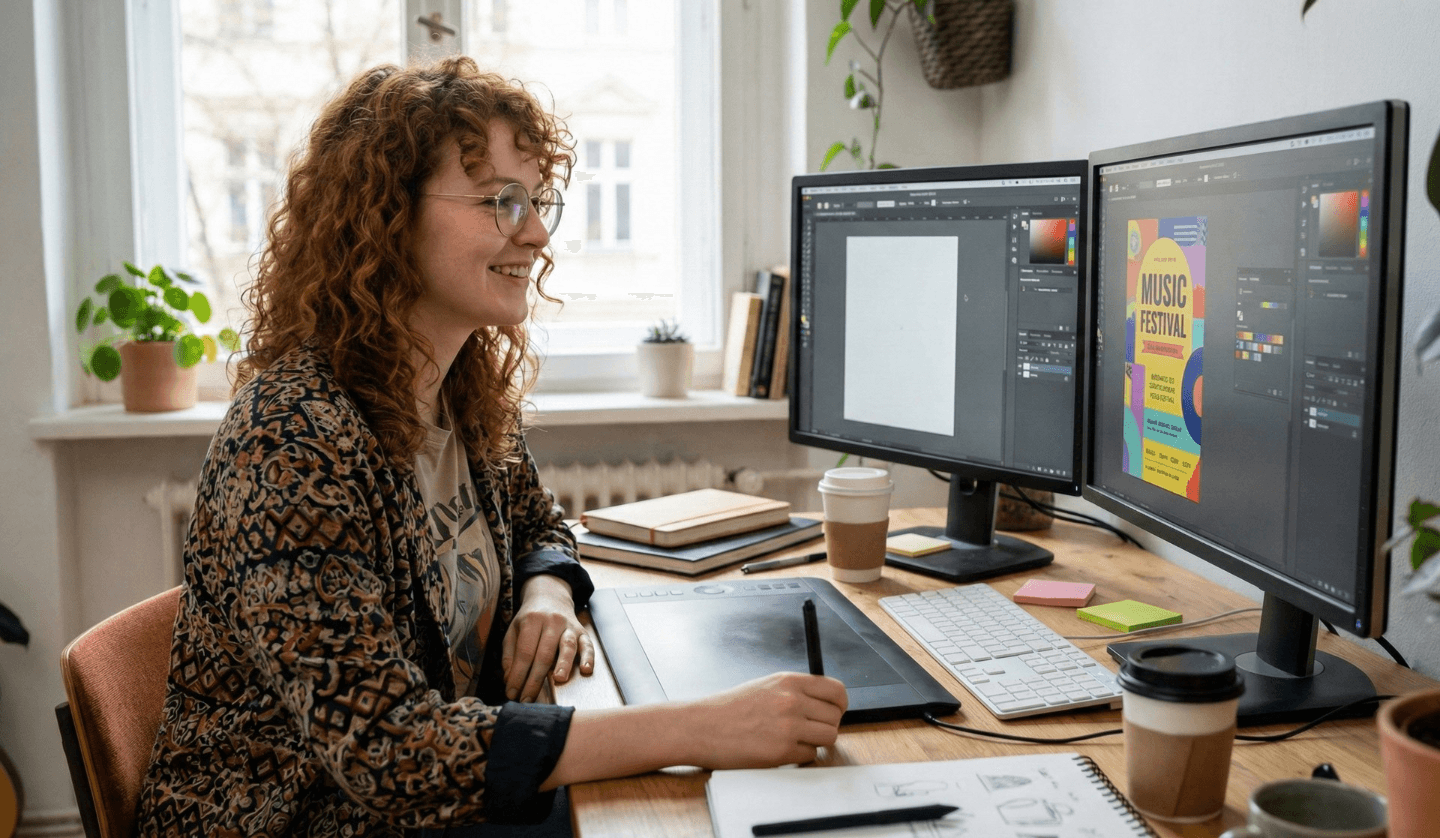 Graphic designer working at desk with dual monitors and digital tablet in creative office environment.
