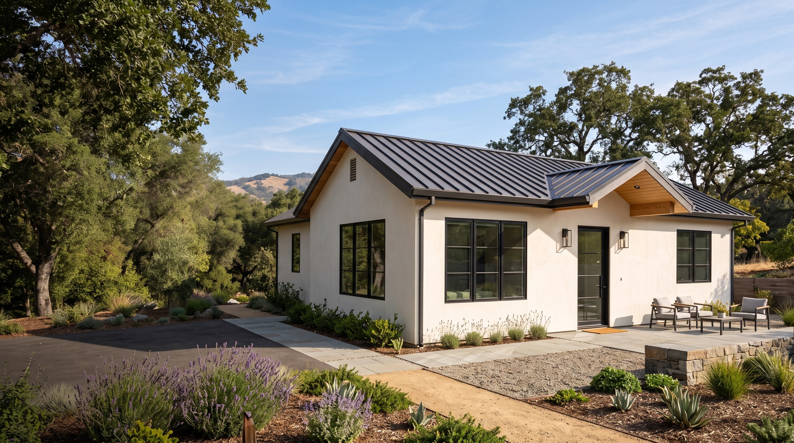 Conceptual exterior of a wildfire-resilient detached ADU in California.