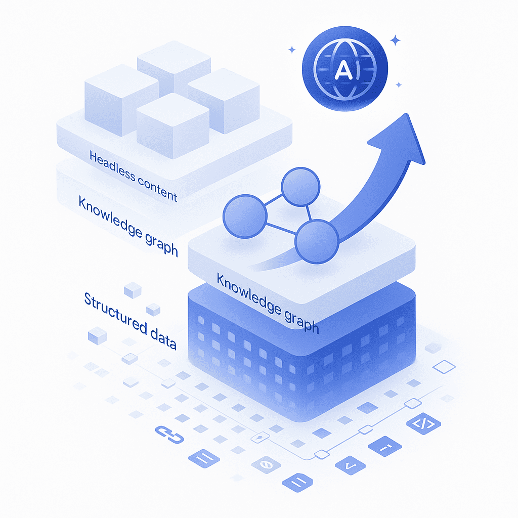 Layered diagram of structured data, entity graph, and headless content stack feeding an AI search engine