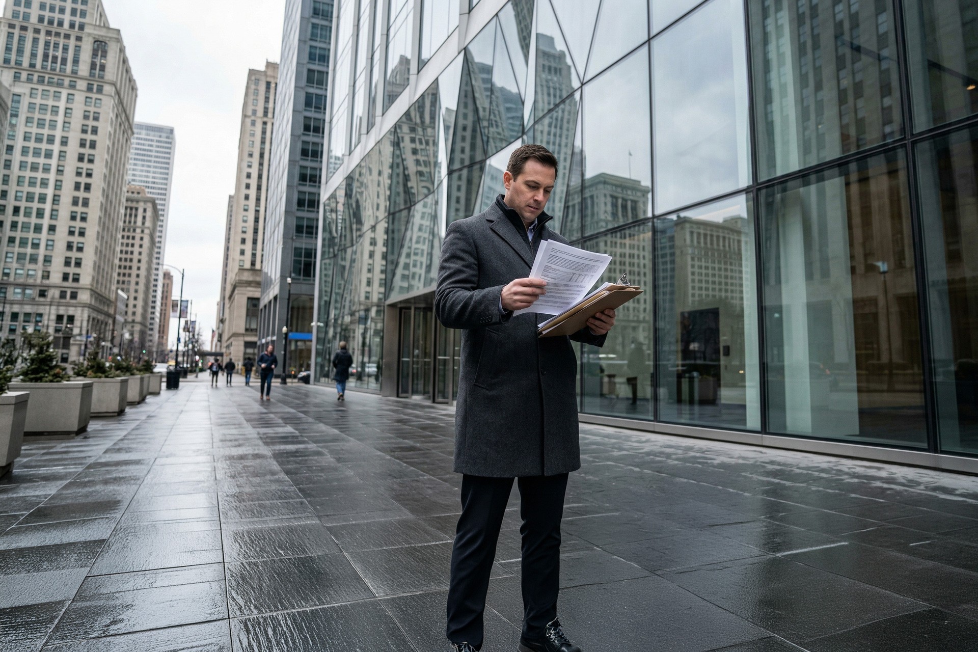 Real estate professional examining commercial property documents