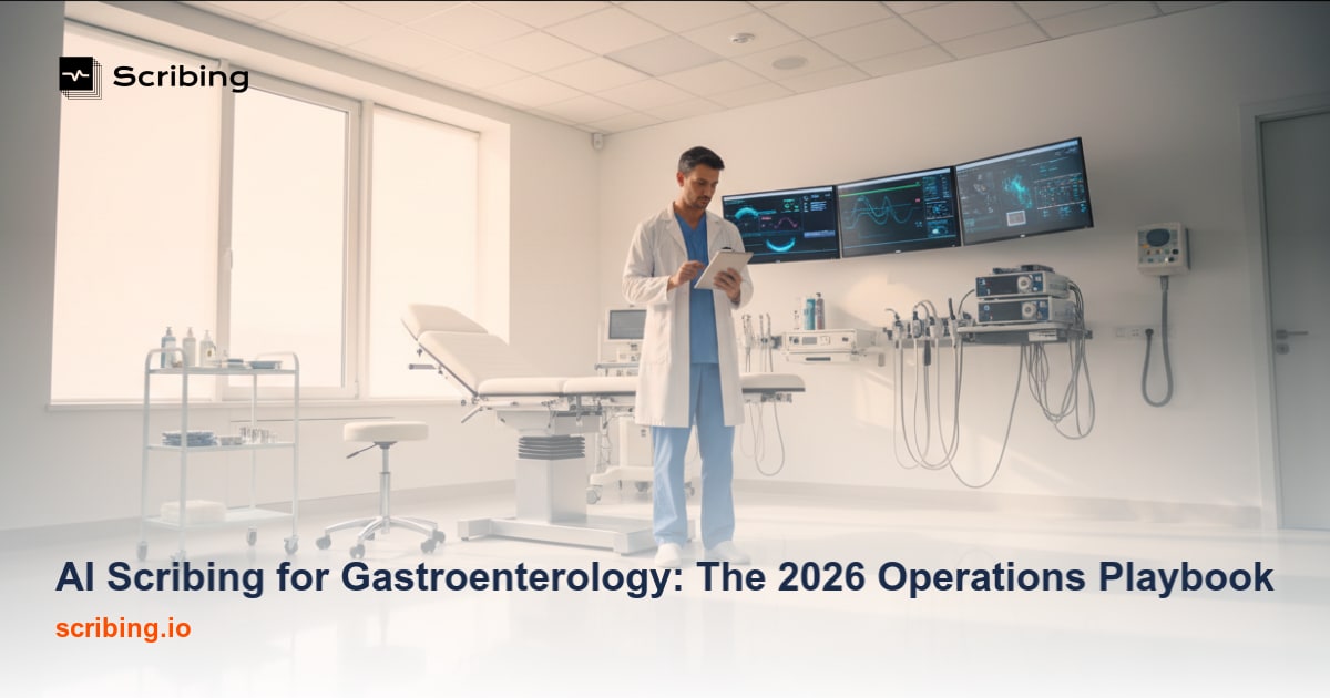 AI-powered scribing technology assisting a gastroenterologist with intra-operative documentation in a modern endoscopy suite