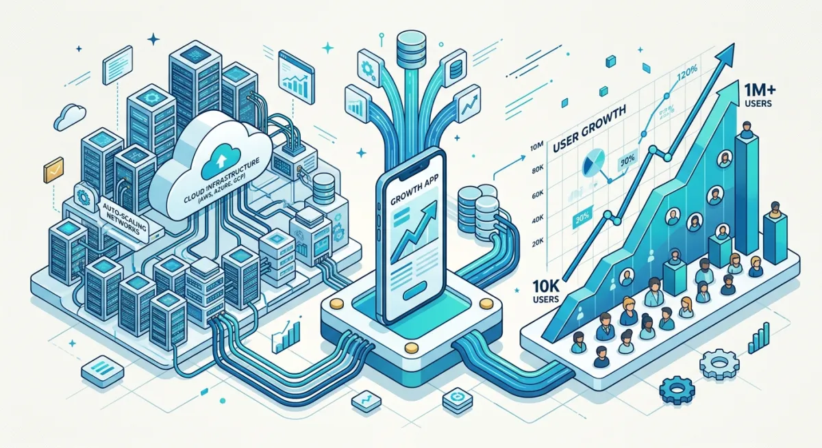 Isometric illustration of a mobile app scaling up, cloud infrastructure connected to a growing graph of users.