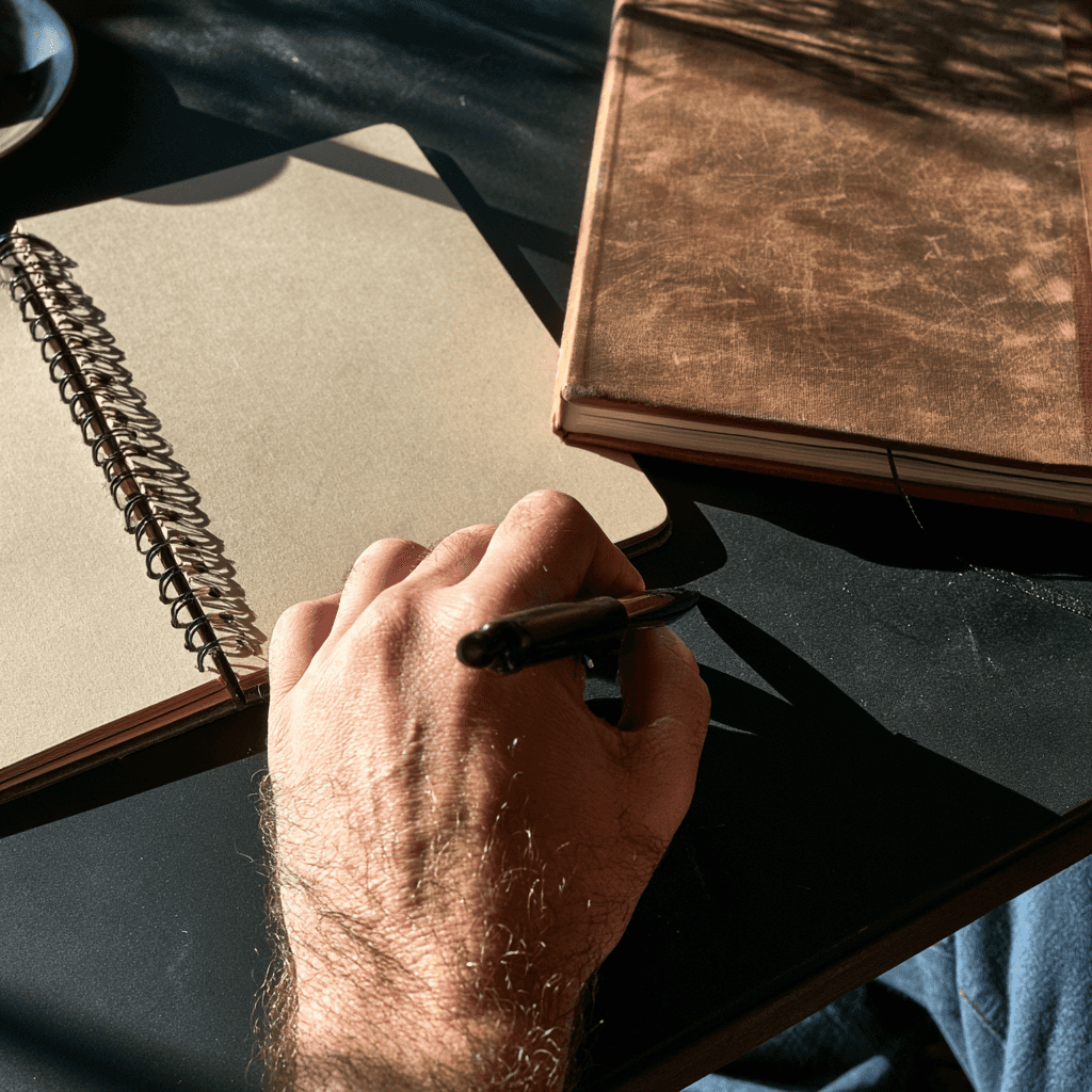 Plain notebook and a structured shadow work journal side by side on a desk