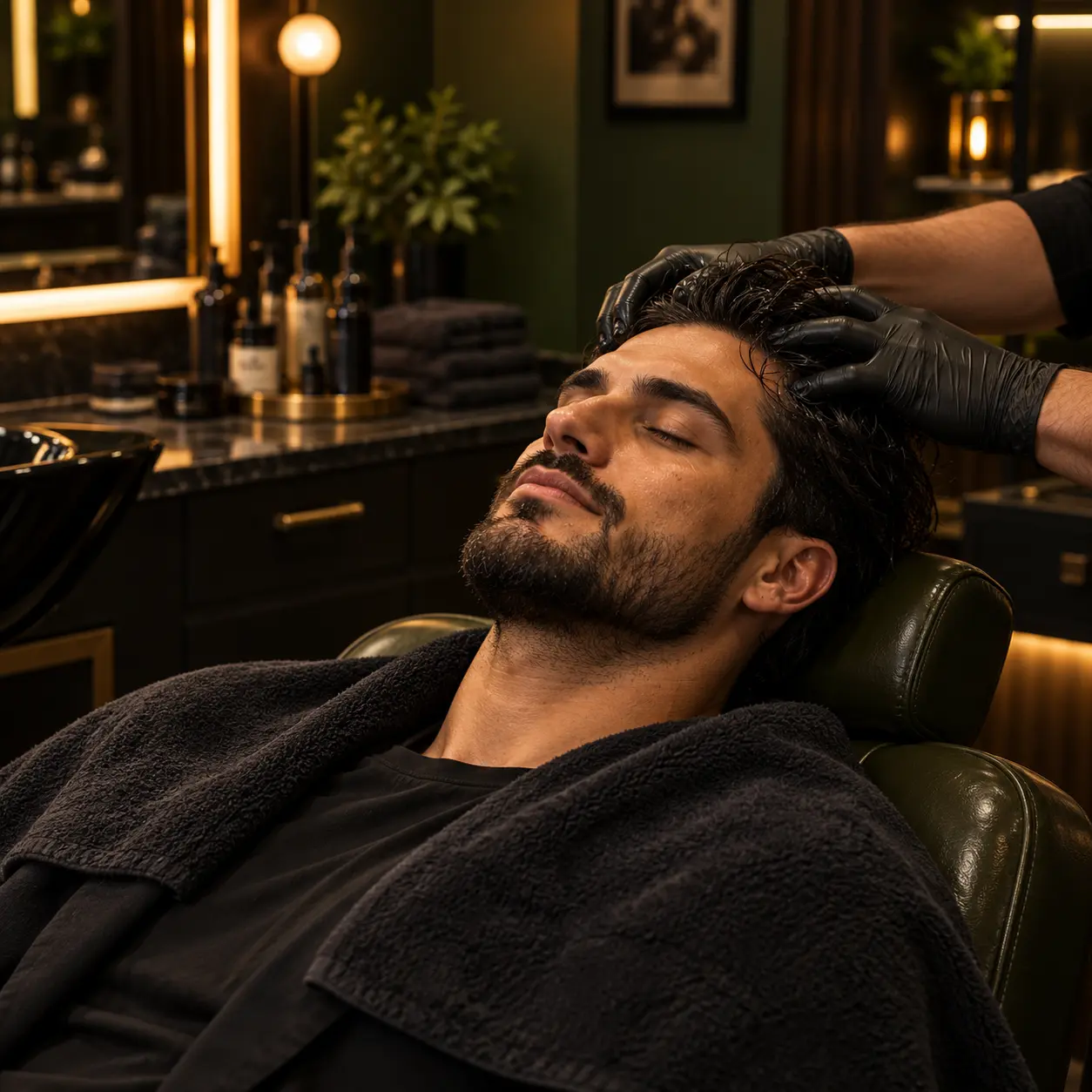 Male client enjoying a relaxing scalp massage in an olive-green chair inside a luxurious, warmly lit grooming studio.