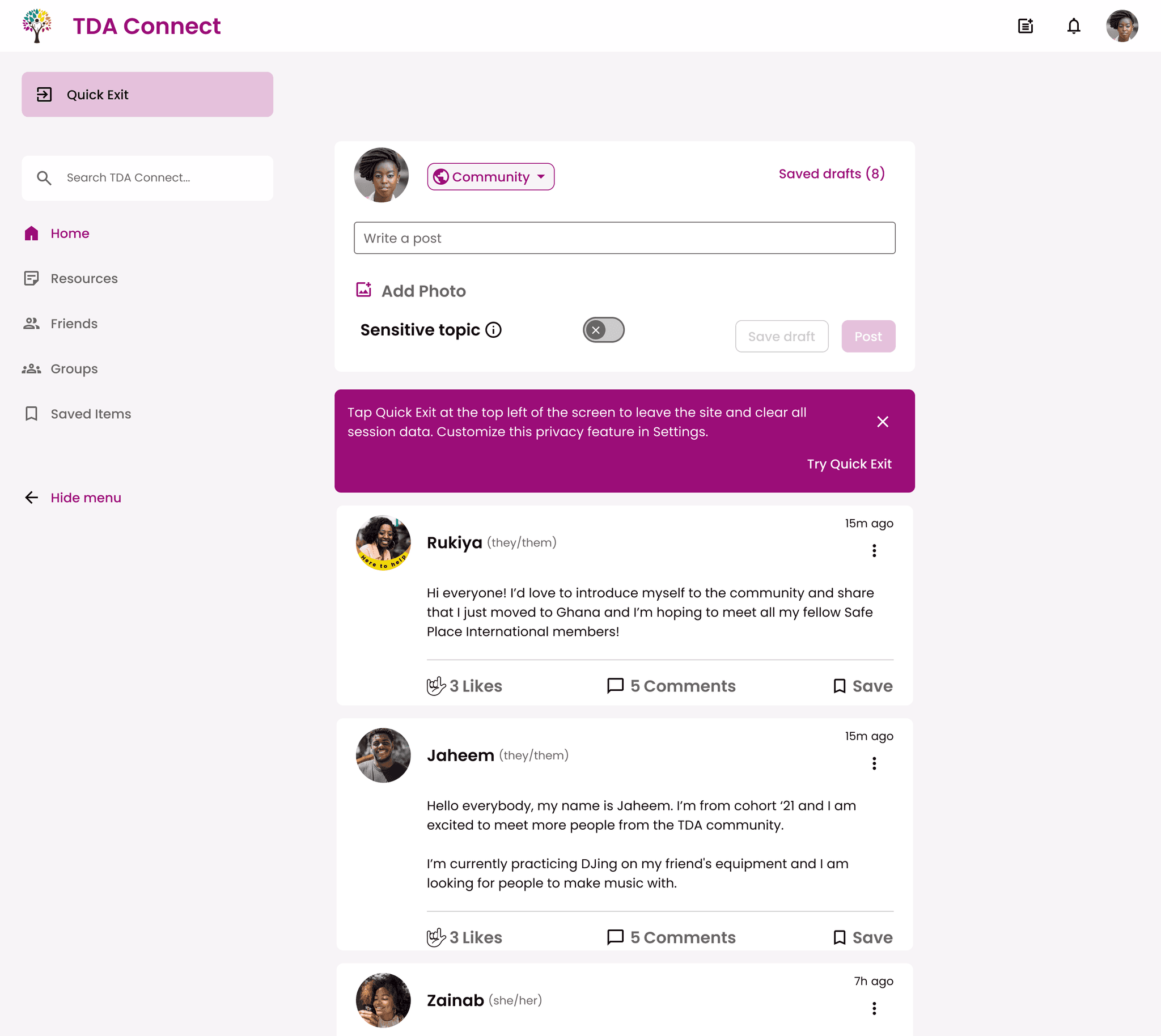 Revised Feed Screen with Quick Exit Test for Desktop