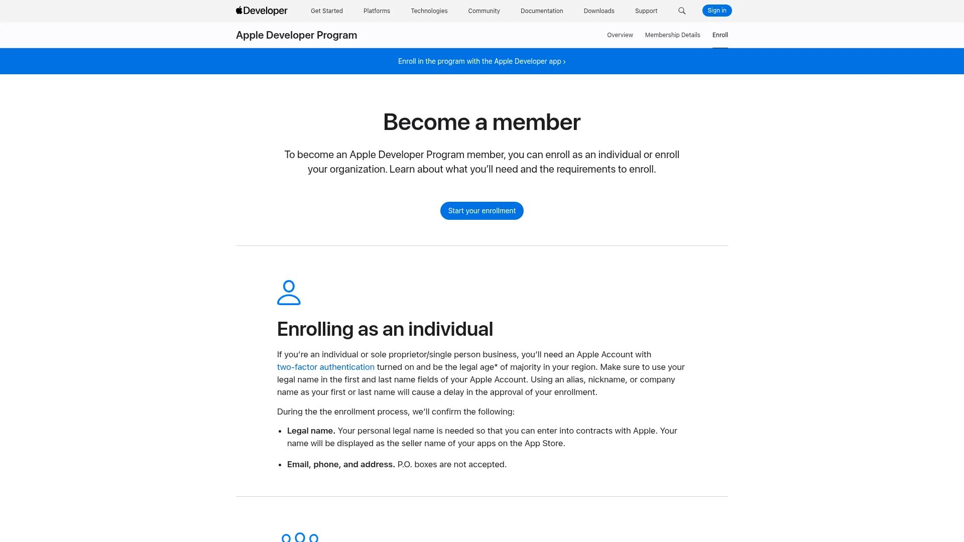 Apple Developer Program enrollment page showing the 99 USD annual membership fee