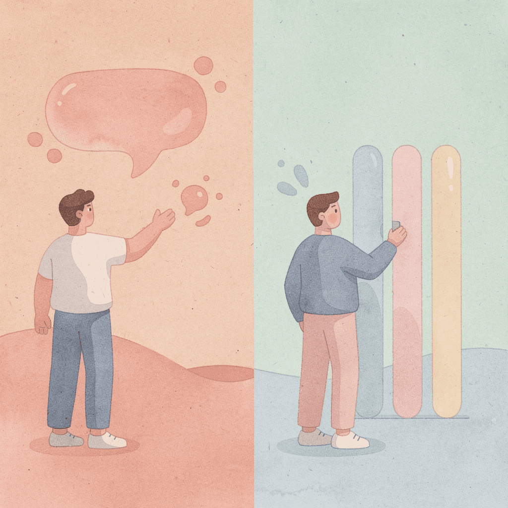 Split scene showing memorization versus natural conversation practice