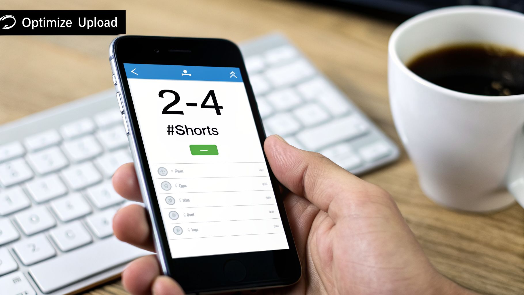 A hand holds a smartphone showing '2-4' and '#Shorts' with a keyboard and coffee mug.