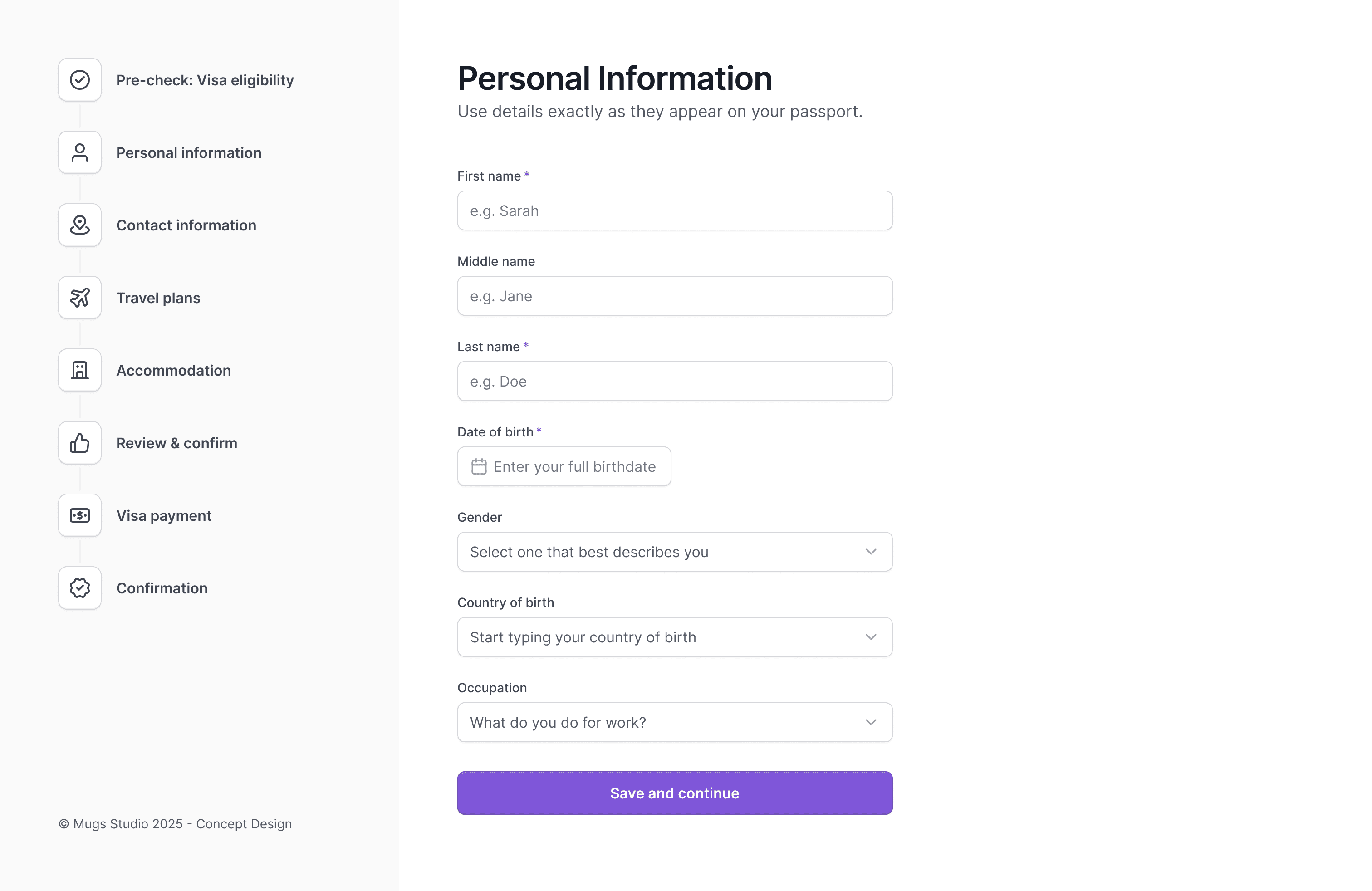 Personal information step with clear form fields and a guided sidebar navigation.
