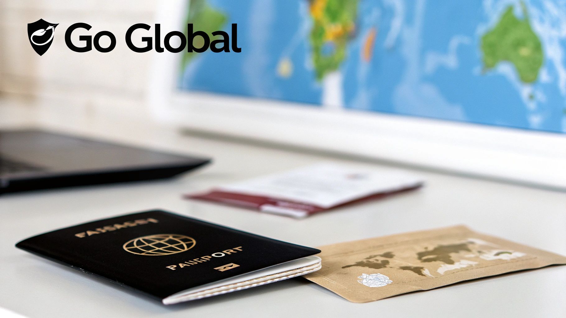 A world map with shipping routes and packages, symbolizing global ecommerce.