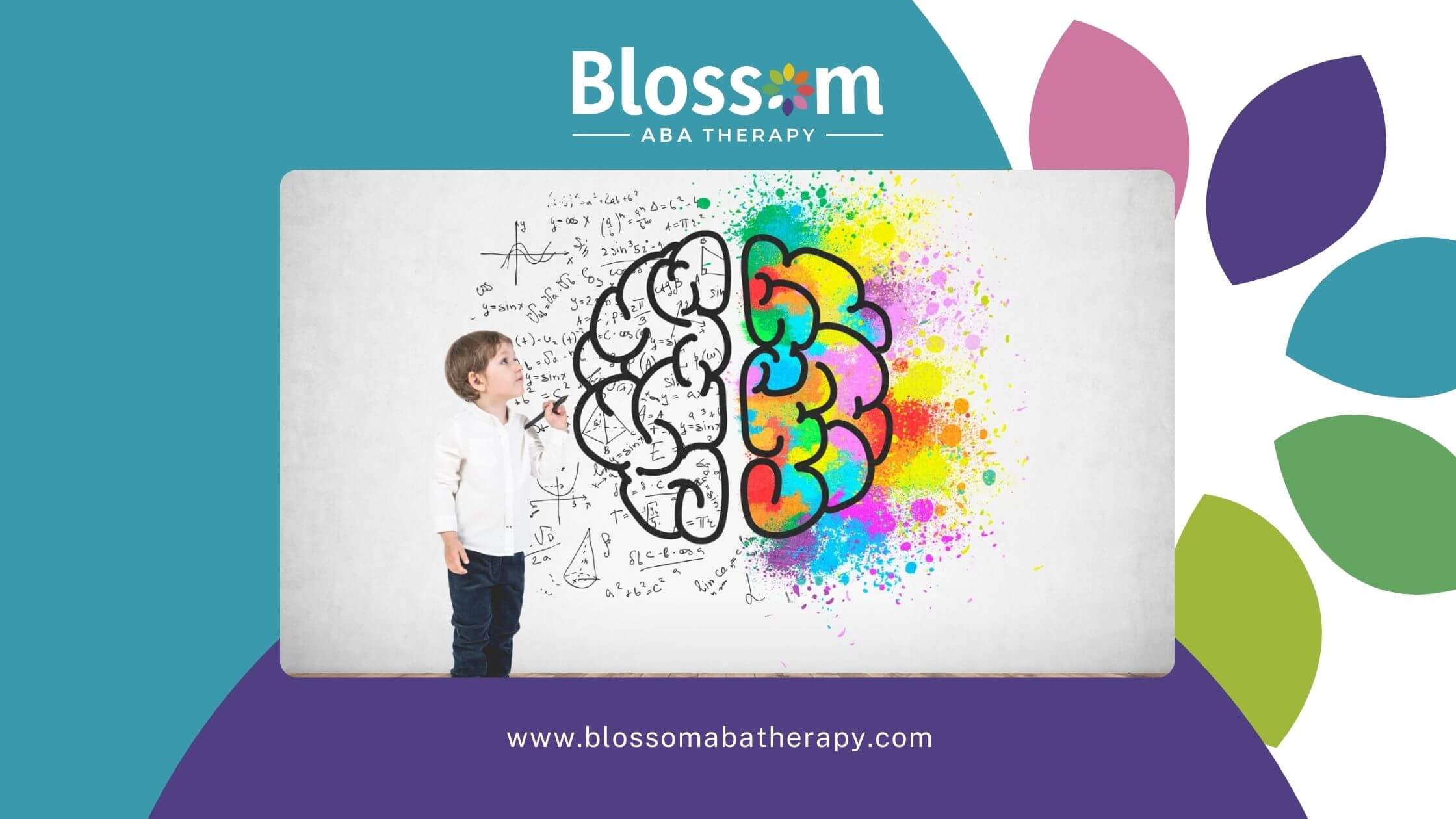 Child with autism standing by a large brain illustration with math formulas and colorful paint splashes.