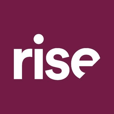 Logo for "rise" featuring the word in lowercase letters, on a maroon background. Simple and modern design.