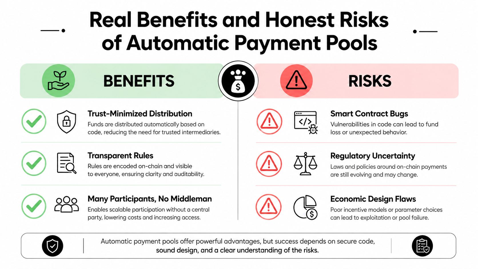 An infographic comparing the benefits and risks of automatic payment pools using icons and descriptive text.