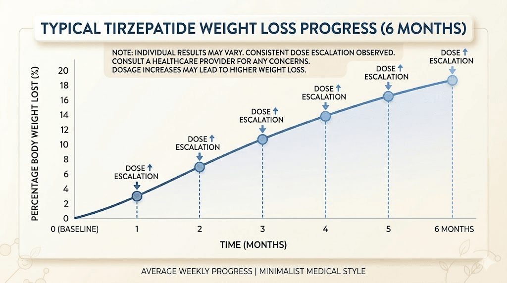 Tirzepatide weight loss results curve over six months with dose escalation markers