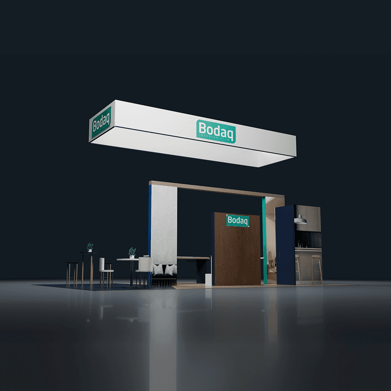 20x30 material showroom booth rental with product samples and buyer consultation zones