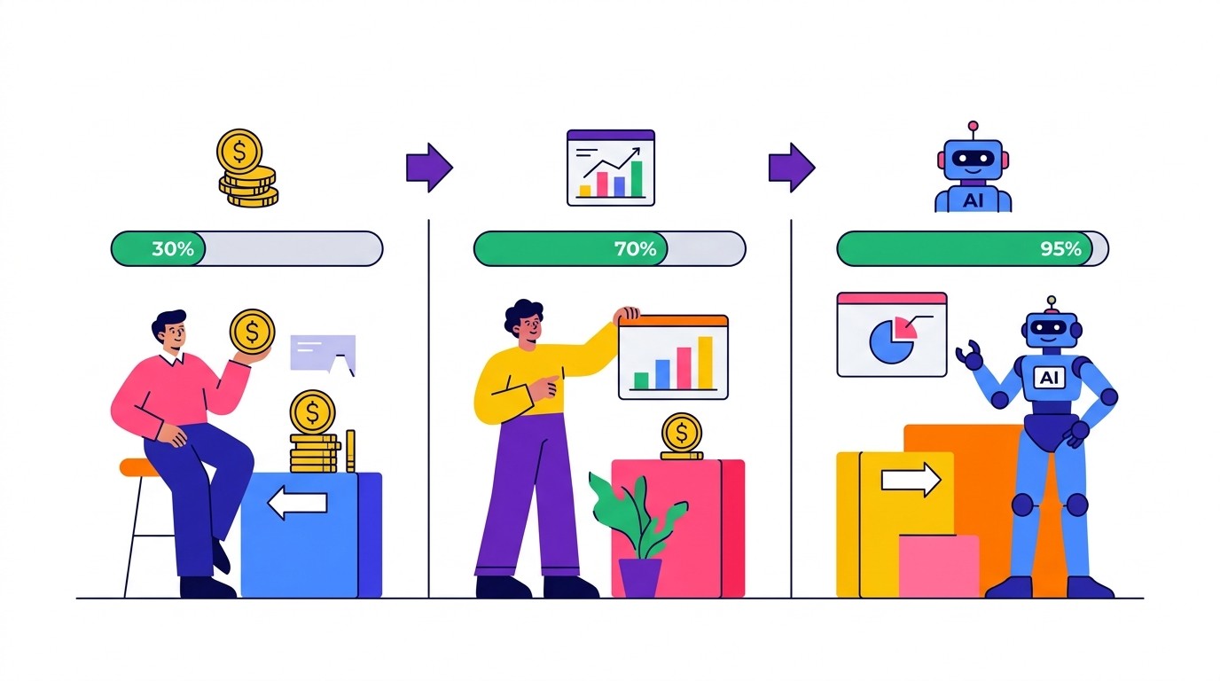 予算規模別のAI活用レベルの目安。月10〜30万円では部分活用（30%程度）、月30〜100万円では段階導入（70%程度）、月100万円以上では全面活用（95%程度）が効果的。