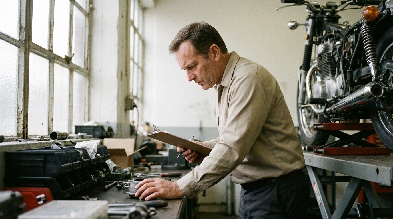 A service advisor at a workbench beside a motorcycle on a lift, evoking the parts and service calls a powersports dealership juggles in season