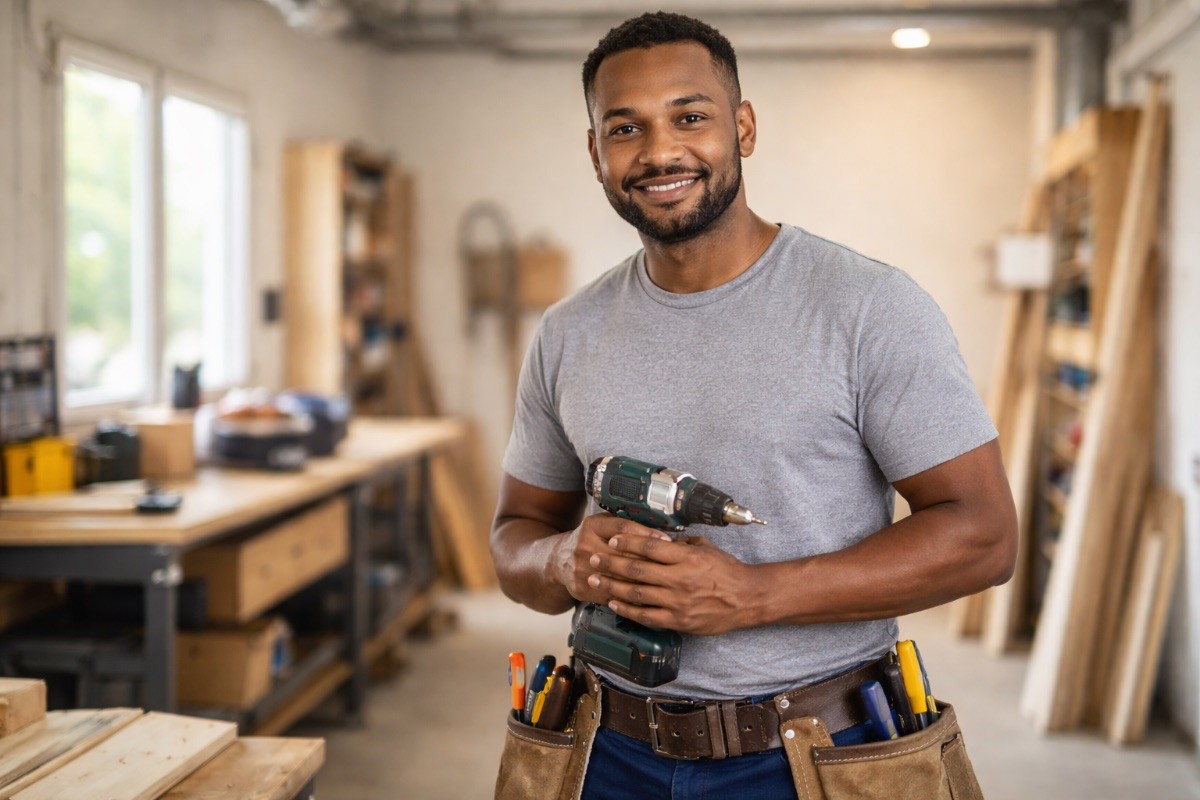 Freelancer-Handwerker in Werkstatt hält eine Bohrmaschine in den Händen