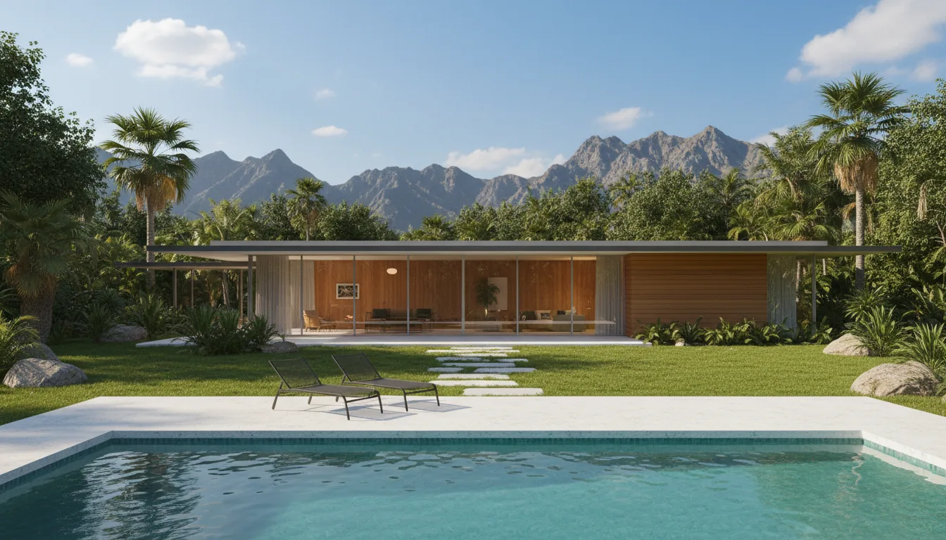 A hyperrealistic 3D architectural visualization, Lumion style render, of a mid-century modern house nestled in a lush, green landscape at the base of distant mountains. In the foreground, a crystal clear swimming pool with a bright concrete patio features two modern black lounge chairs. The house has large floor-to-ceiling glass windows, a flat roof, and wood siding, with warm interior lights visible. The surrounding area is a manicured lawn with natural rock outcroppings, palm trees, and dense foliage. The scene is illuminated by soft global illumination and natural daylight under a blue sky with scattered clouds, creating realistic soft shadows.