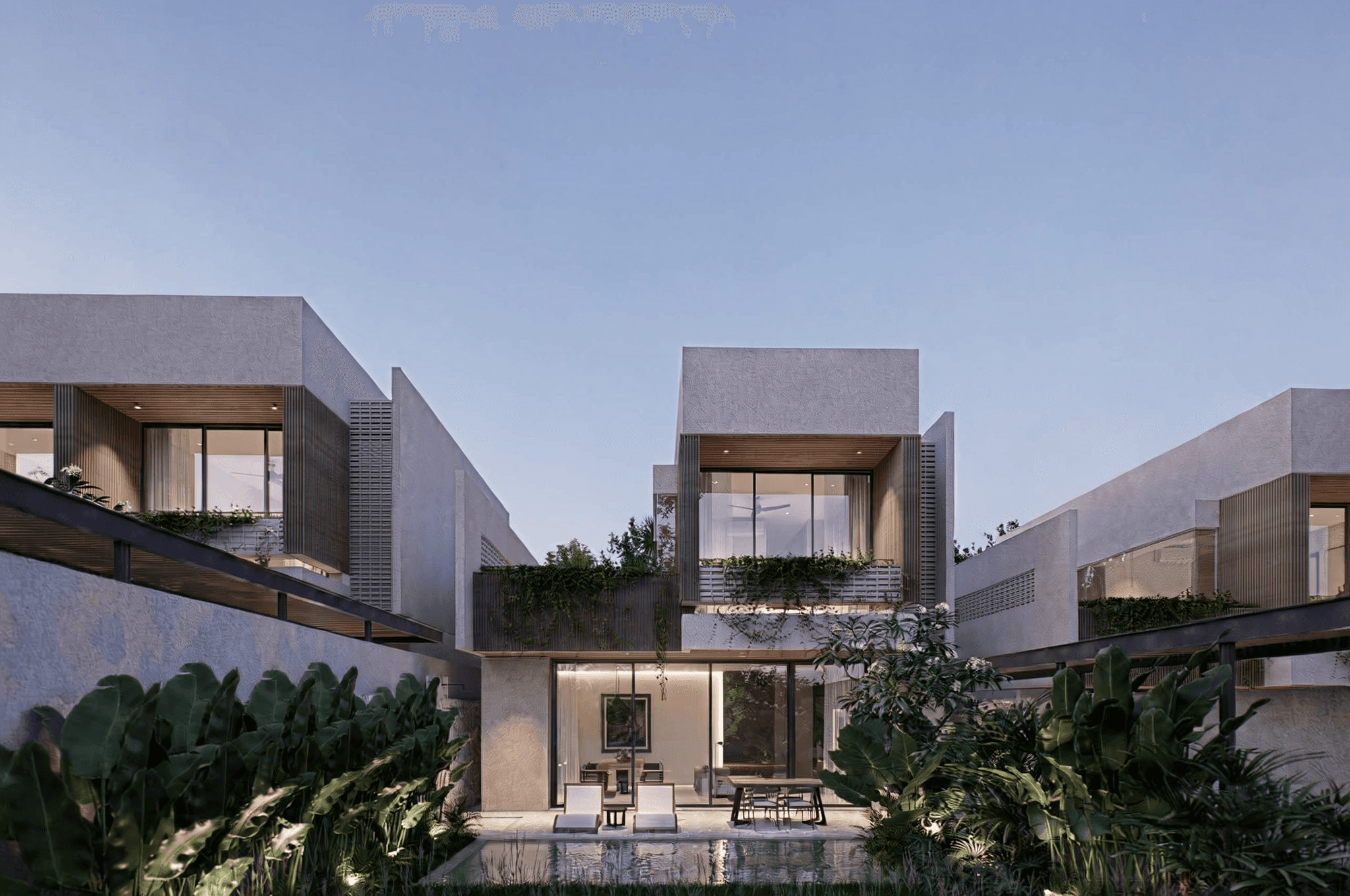 Twilight view of Ungasan I villa complex architecture and private pool, a premium Bali property investment.