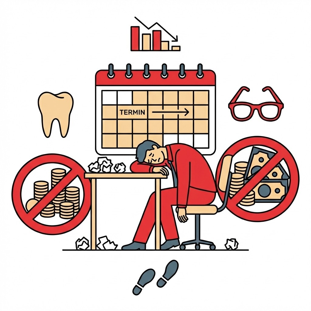 Erschöpfter Mann am Schreibtisch symbolisiert Geldmangel für Zahnarzt, Brille und Termine bei fallenden Finanzen.