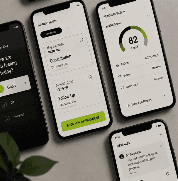 Mobile healthcare application interfaces for appointments, messaging, health tracking, and patient engagement.