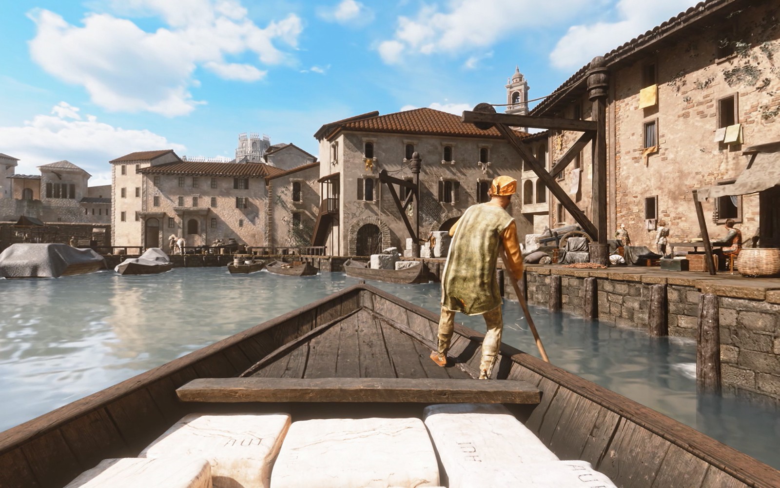 Boatman navigating canal near historic buildings in Milan, with Duomo Cathedral visible in background, part of VR experience.