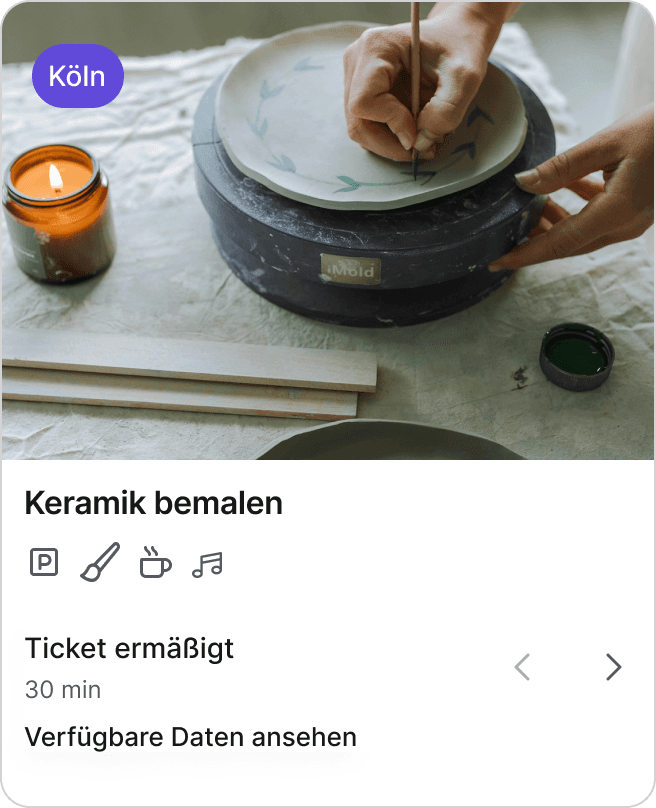 Buchungsansicht über das Buchungssystem von anny eines Workshops zum Keramik bemalen. Die Tour dauert 30 Minuten und ist zu verschiedenen Zeiten buchbar. 