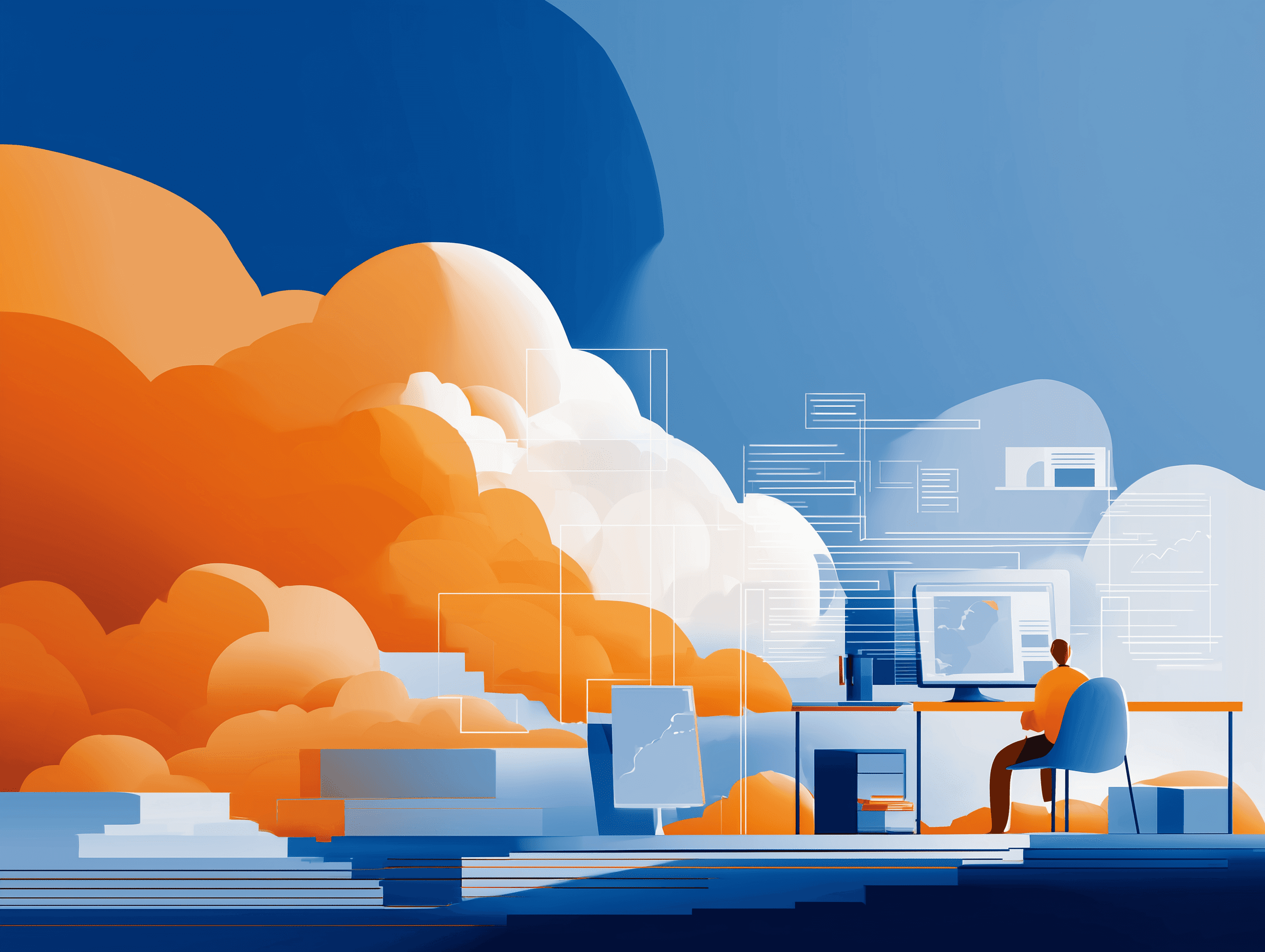 Illustration of a person working at a desk with cloud infrastructure and data visuals in the background.