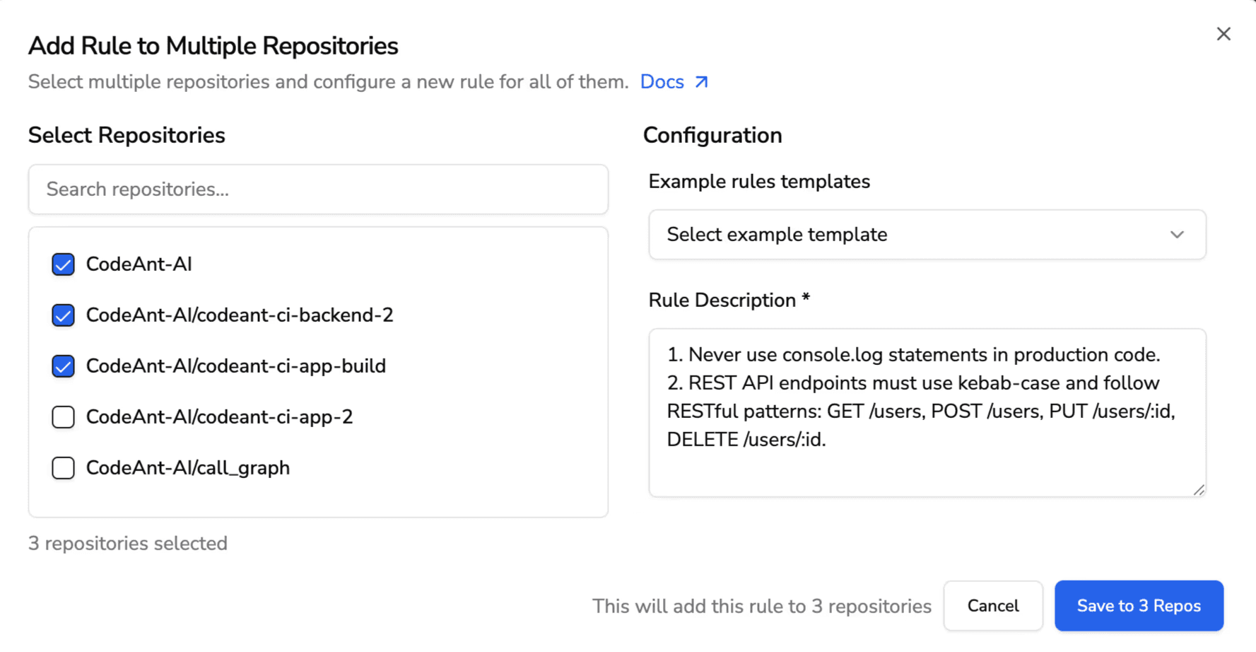 Add AI rule to multiple repositories modal showing repository selection and rule description applied at scale.