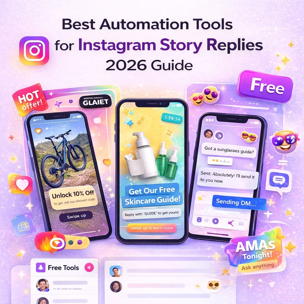 Professional promotional graphic titled “Best Automation Tools for Instagram Story Replies 2026 Guide” featuring a clean gradient background, a single smartphone screen displaying Instagram story reply automation, message-to-DM flow, engagement icons, and “Free” badge, presented in a modern SaaS-style design without human imagery.