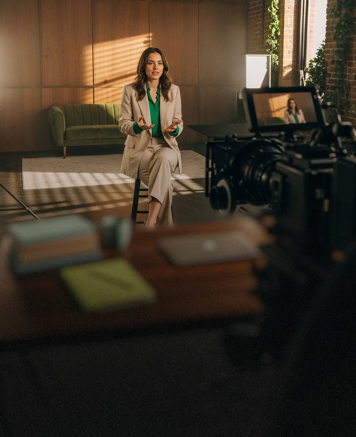 Person being filmed in a studio setup, representing professional video production and platform native content