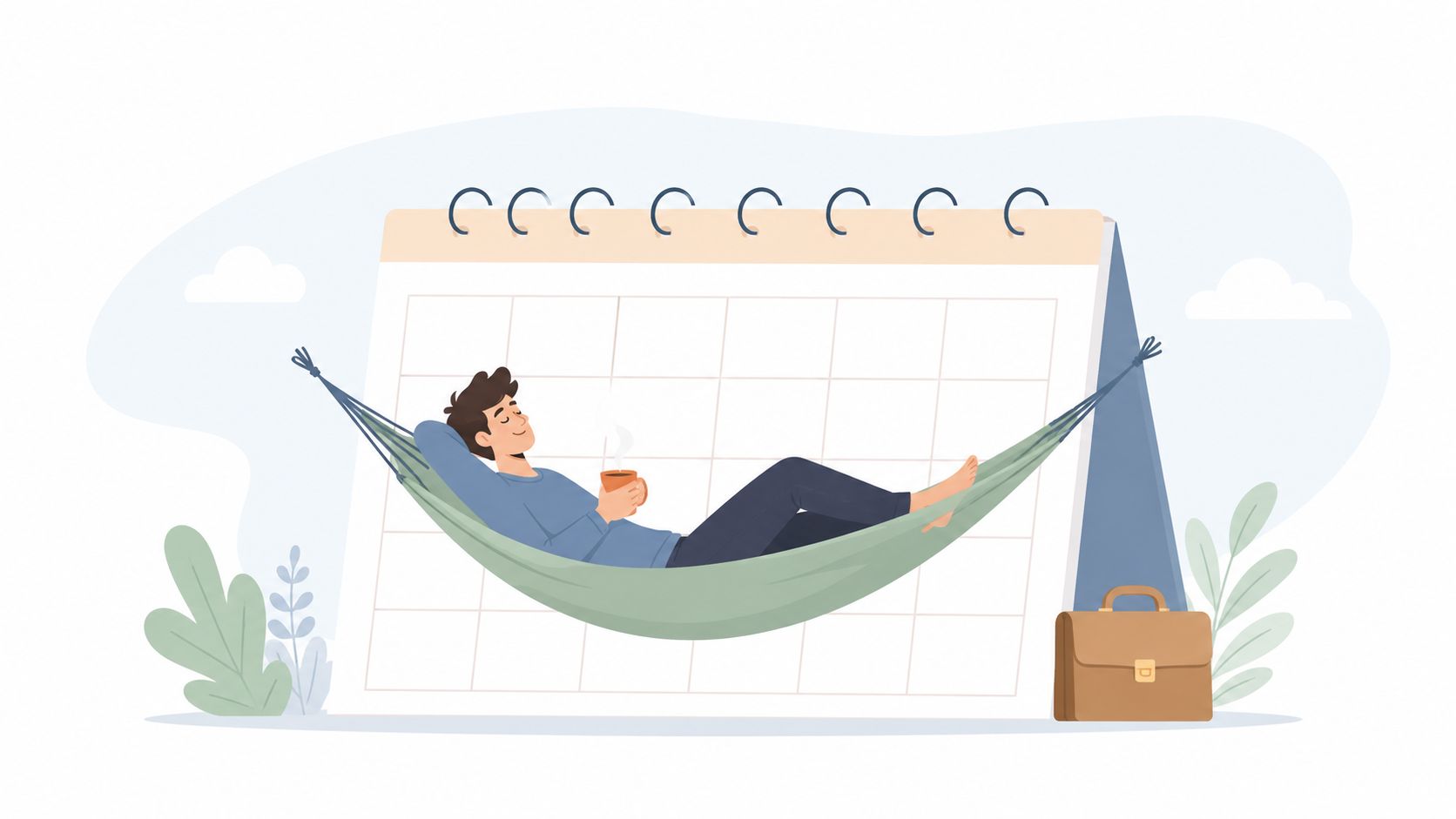 A man relaxing in a hammock in front of a calendar while holding a hot beverage.