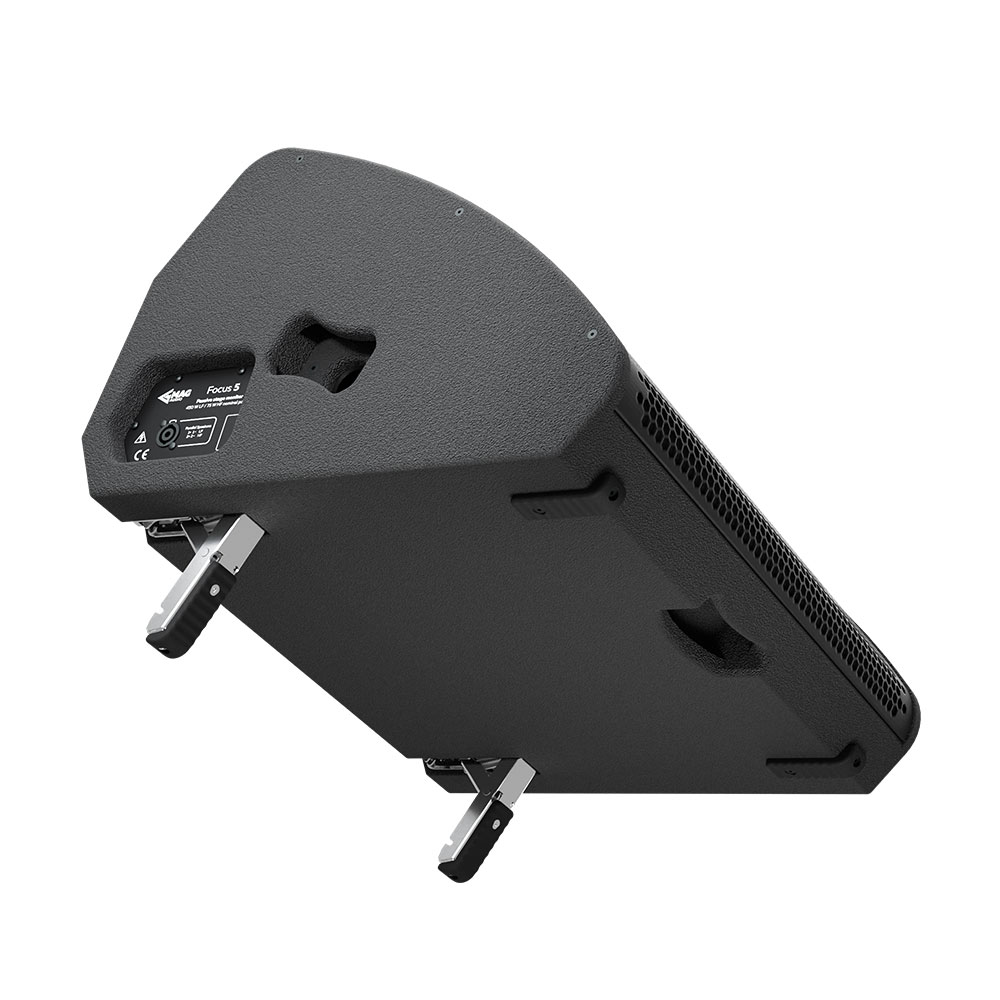 Black PA speaker with metal feet, on white background