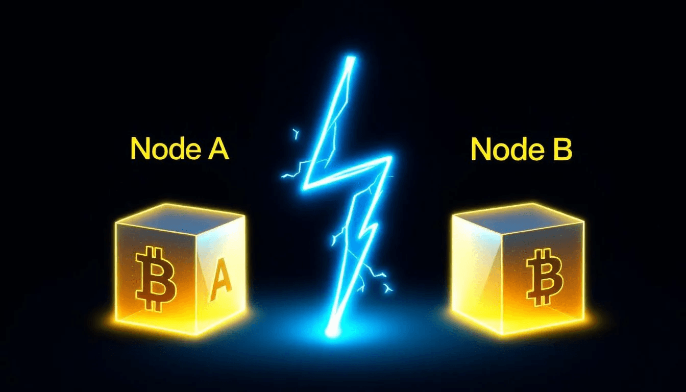 The image depicts two Bitcoin nodes connected by a glowing lightning bolt, symbolizing a lightning network payment channel that enables off-chain transactions. This visual representation highlights the efficiency and cost savings of using lightning channels for instant Bitcoin payments between two parties.
