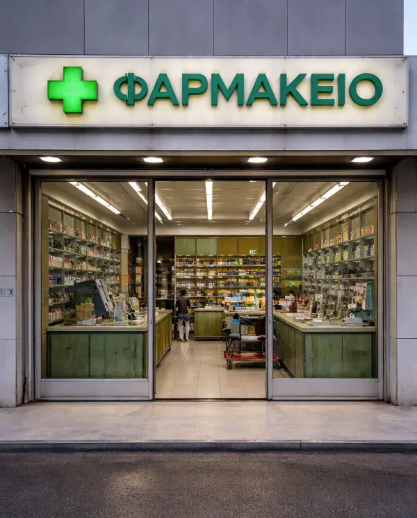 Εξωτερική πρόσοψη φαρμακείου πριν την ανακαίνιση με παλαιά υλικά, χαμηλό φωτισμό και ξεπερασμένη εικόνα