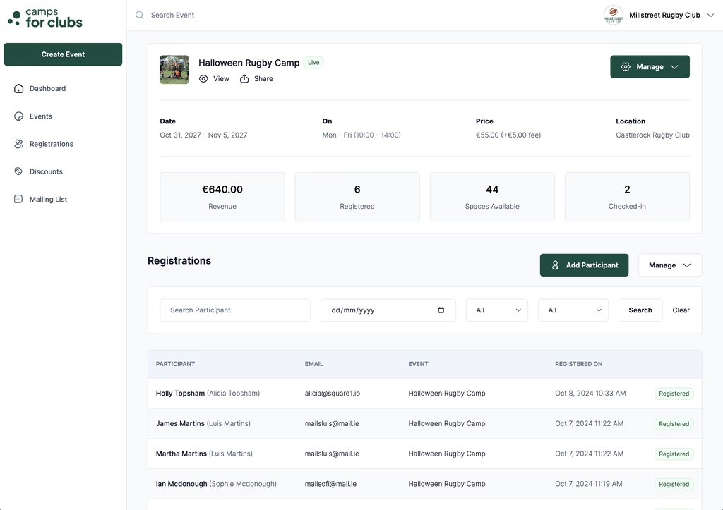 Proporcione a sus clubes una plataforma con su propia marca para organizar eventos