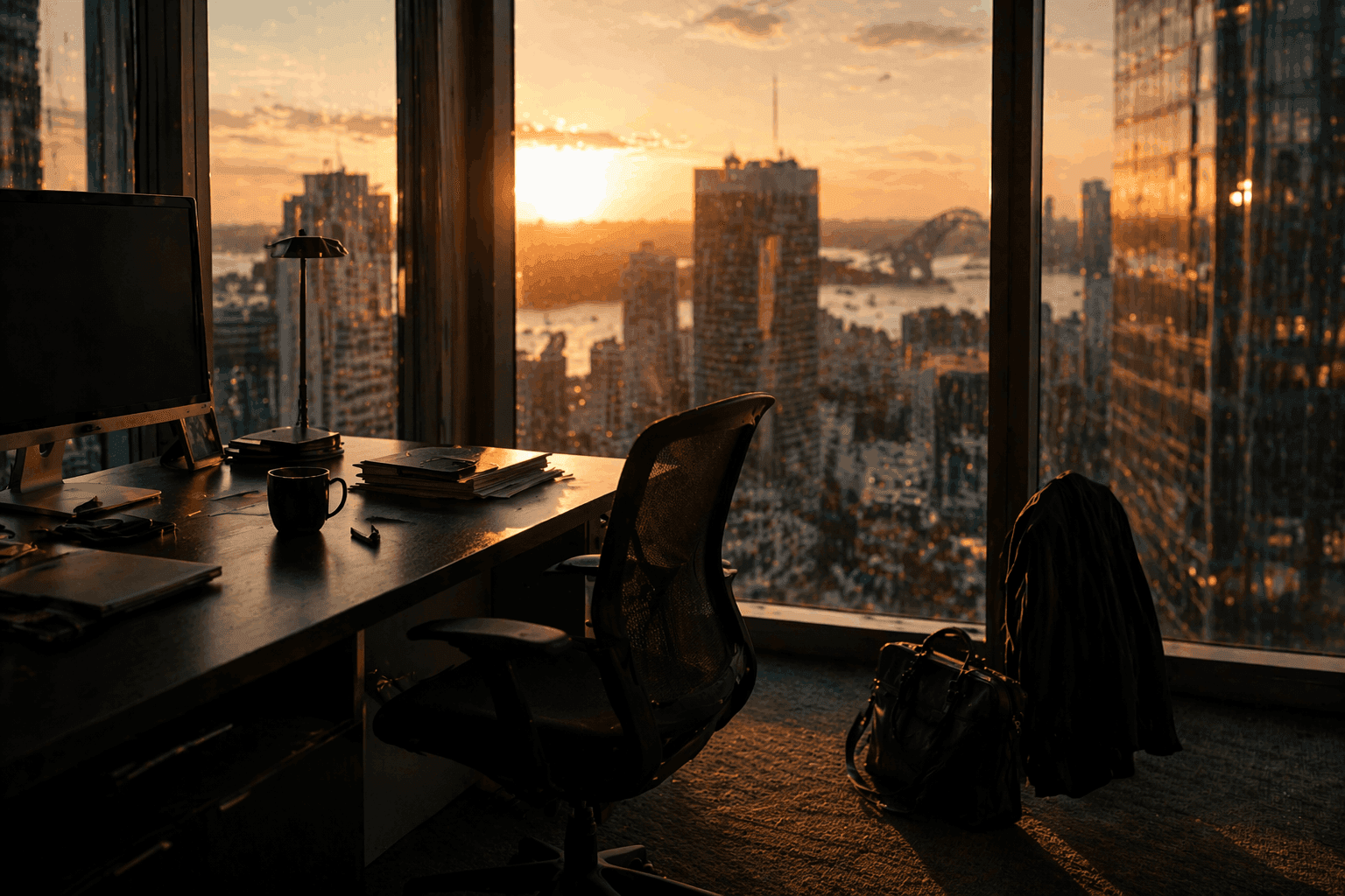Empty office desk overlooking a city skyline at sunset, symbolizing reflection and career transition