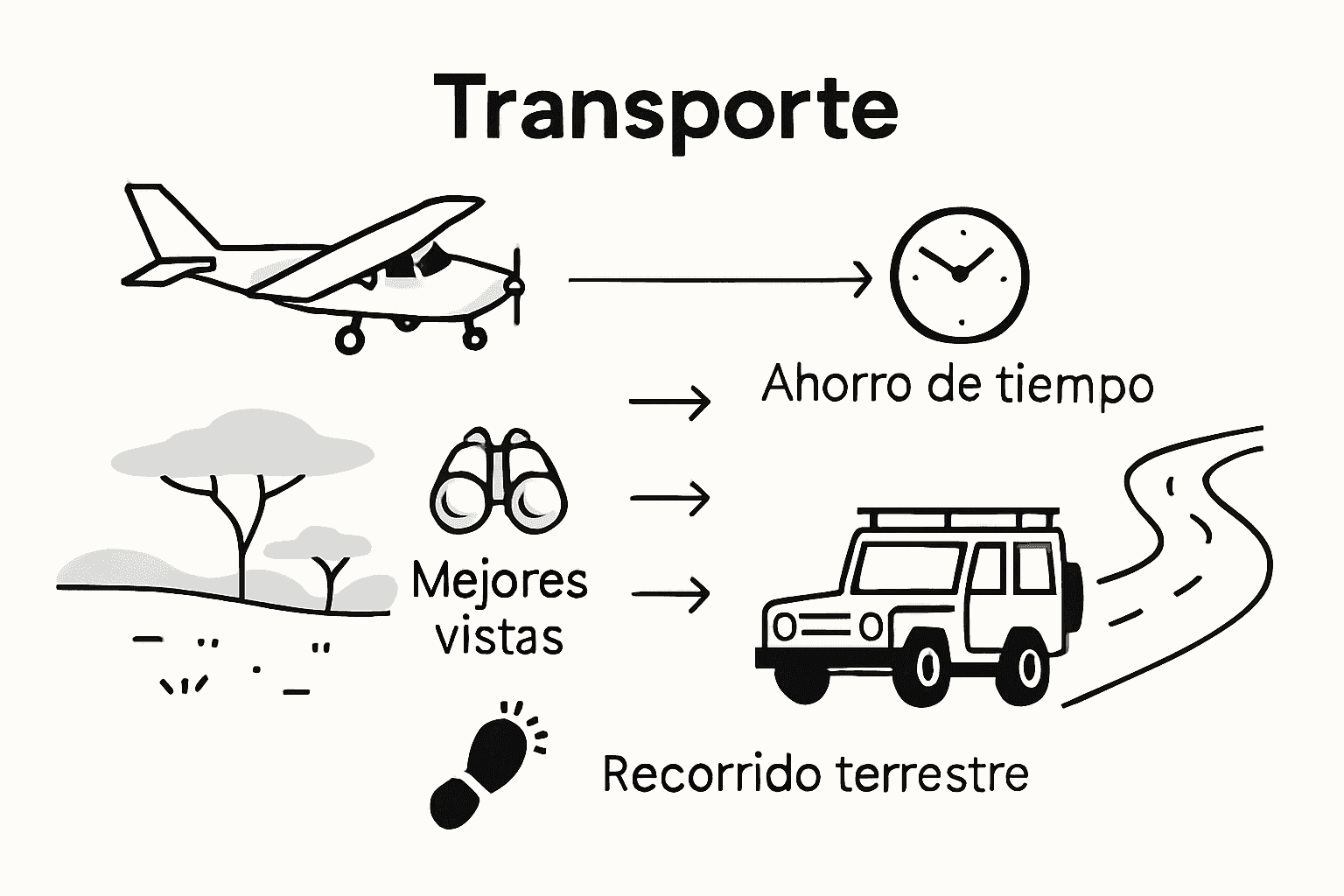 Infografía comparativa: safaris en avión vs. safaris por tierra
