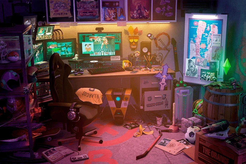 Décor d'un jeu PopCorn Garage, une gaming room remplie de références de jeux vidéos rétro à retrouver.