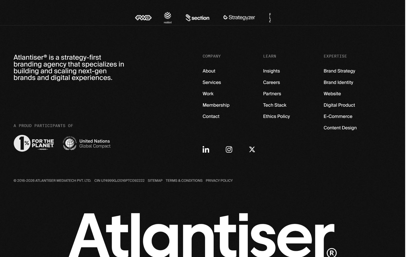 Black footer with white text, showcasing company links, and social icons. Displays "Atlantiser" and environmental partnership logos.