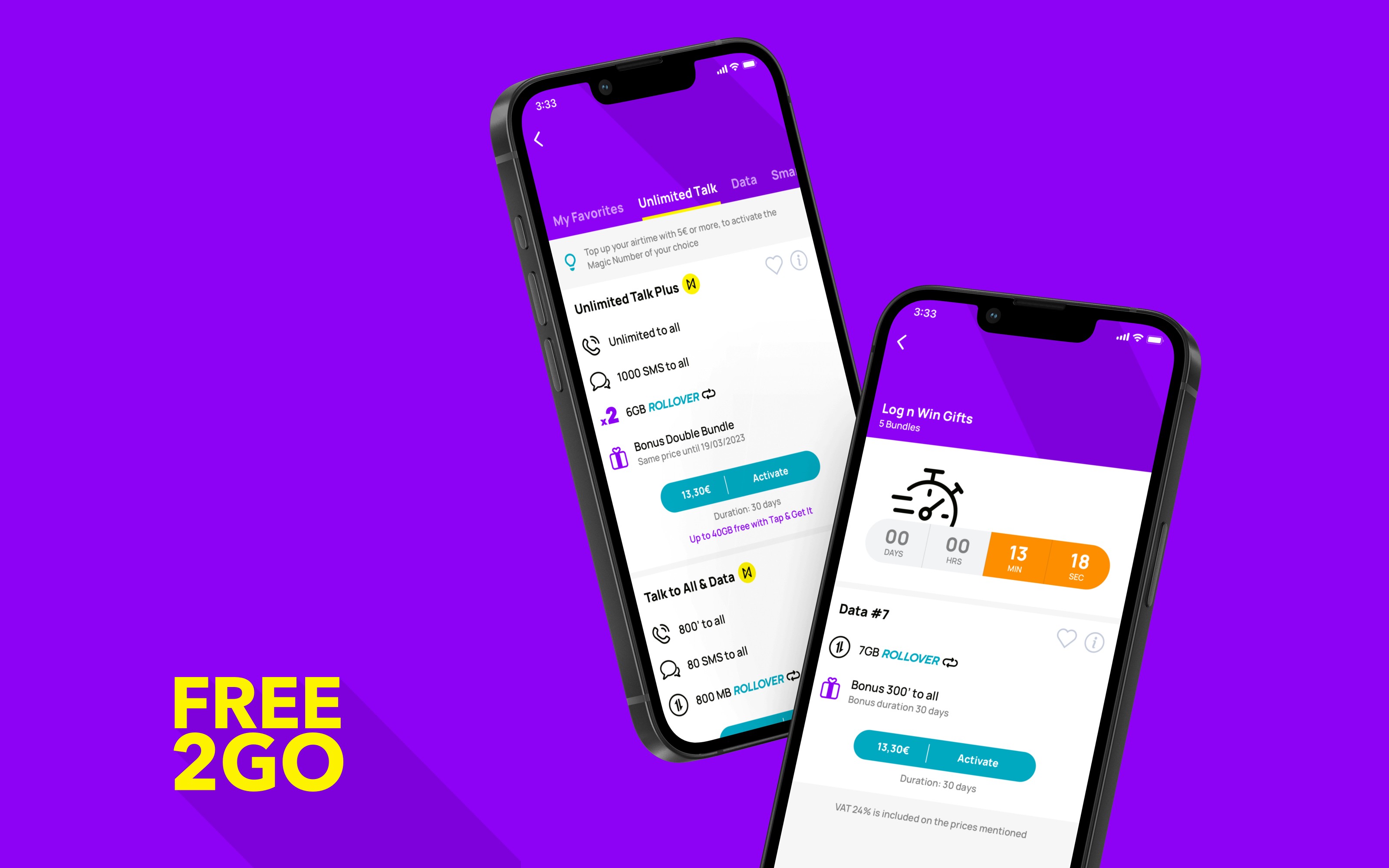 FREE2GO mobile app showing available bundles with activation call to action