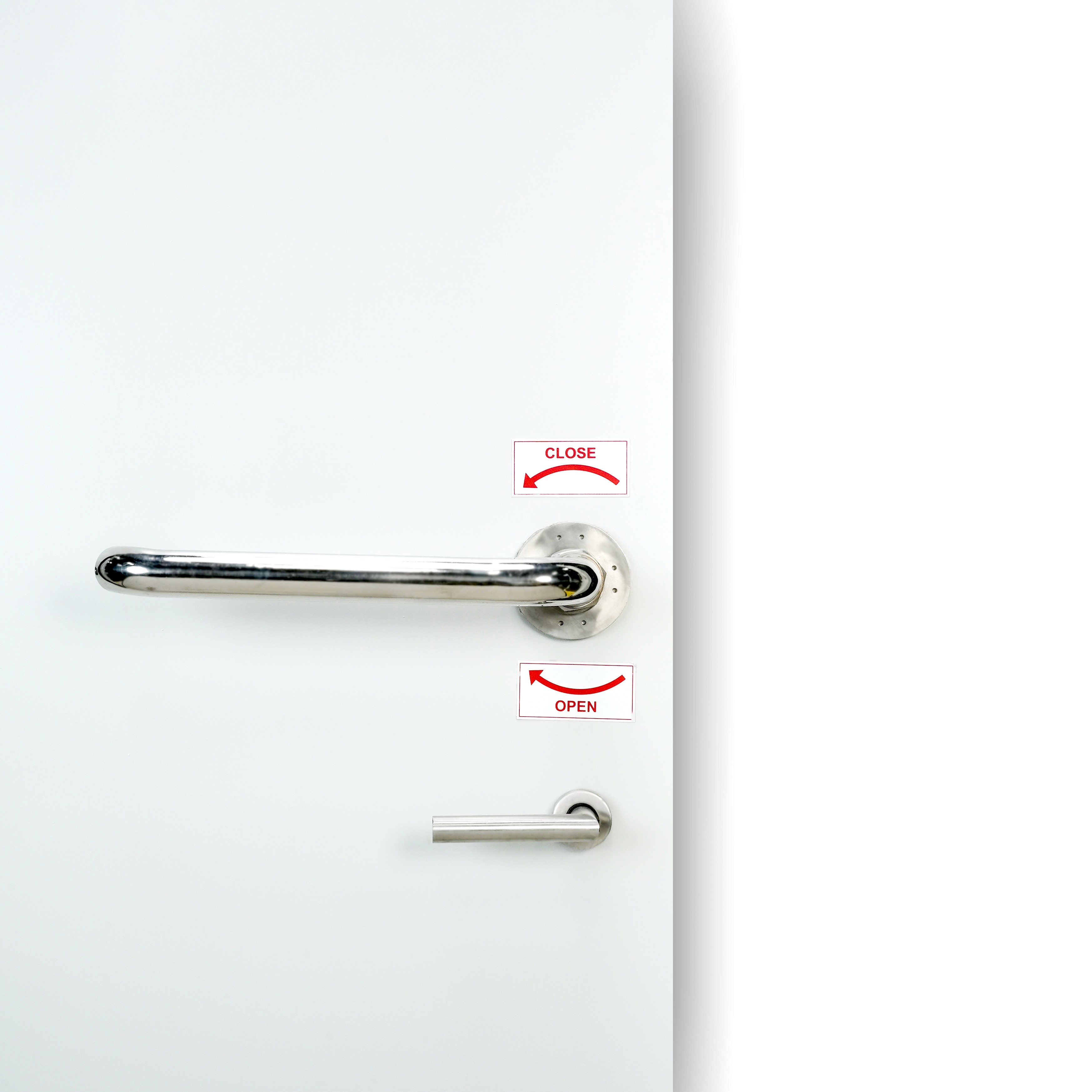 Marine-grade watertight ship door with stainless steel handle and circular sealing points, designed for vessels and offshore structures.