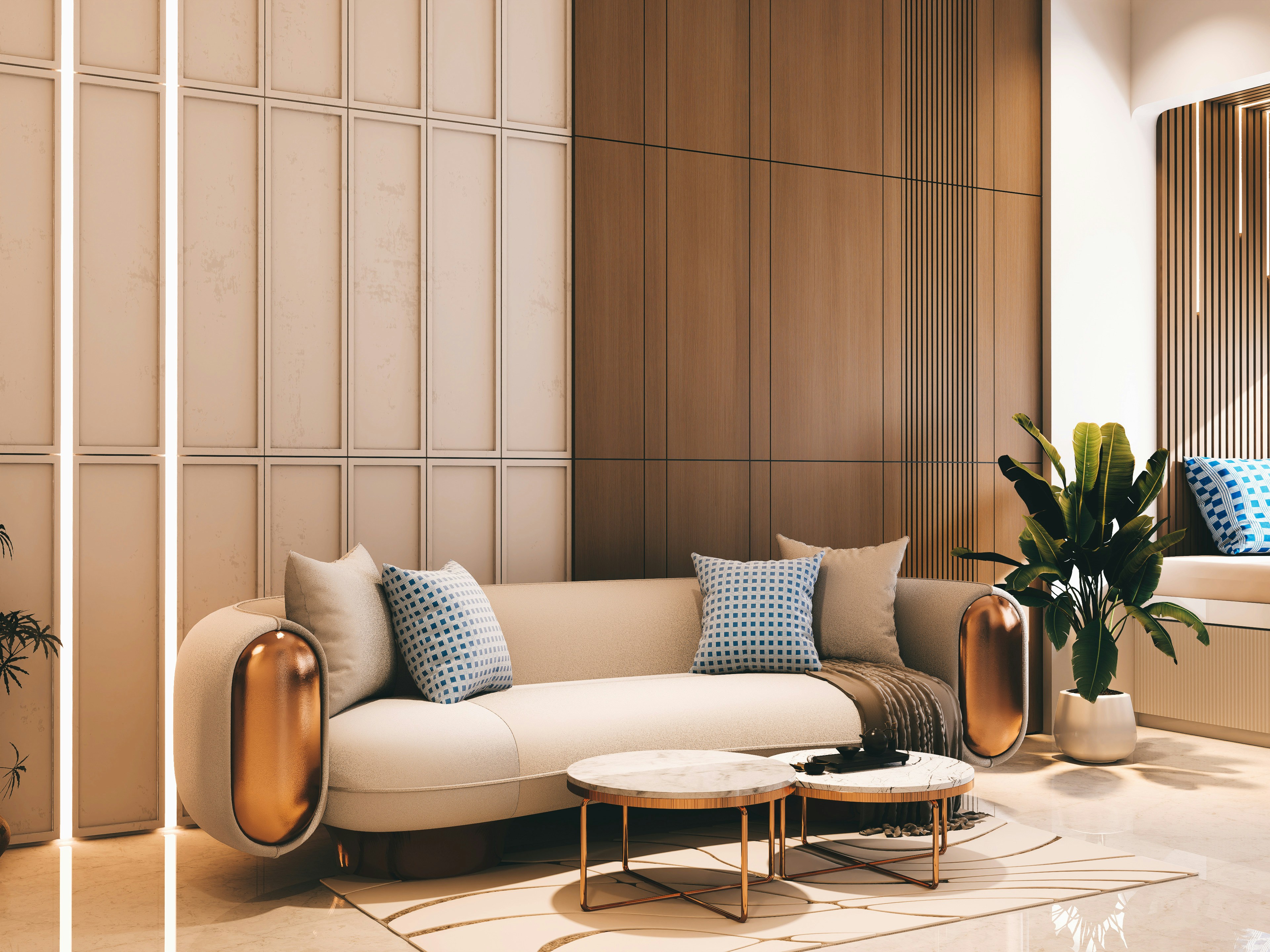 Modern living room with a cream sofa and coffee tables