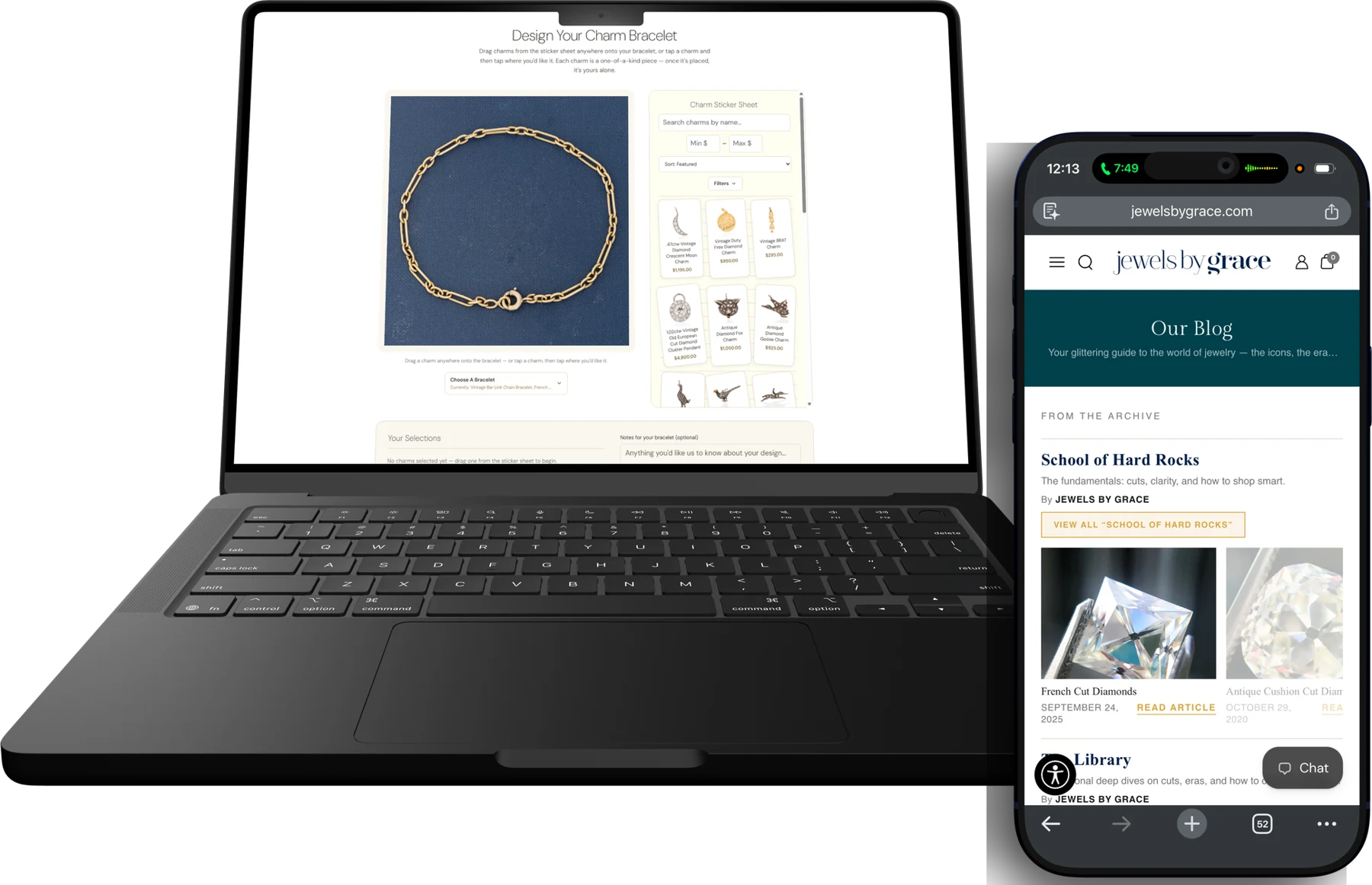 Jewels By Grace bracelet builder on a laptop and blog on a phone